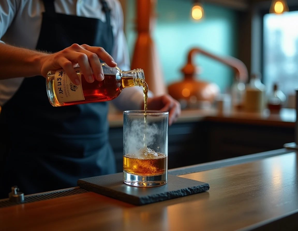 Medium close-up of a bartender's hands carefully pouring Japanese single malt whisky from a small craft bottle into a Gl