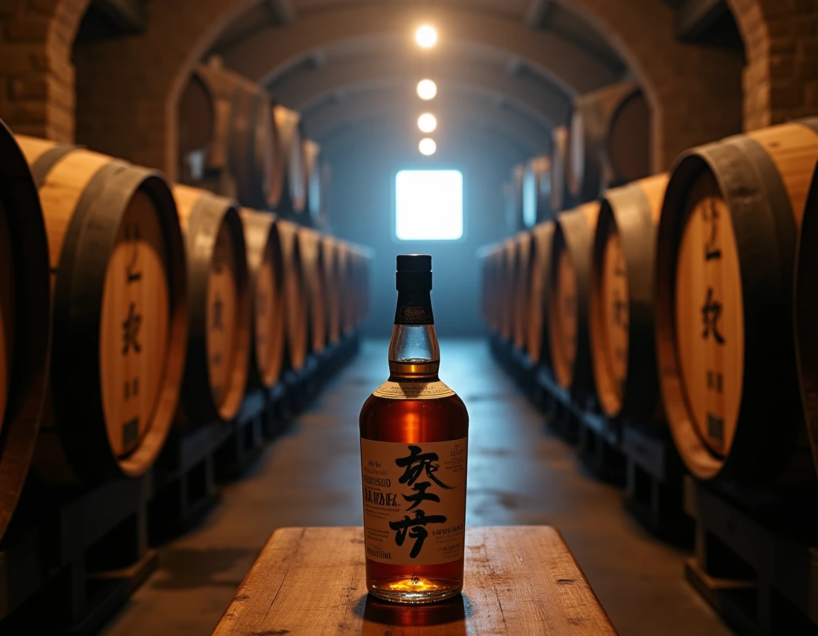Wide interior shot of Yoichi distillery in Hokkaido, rows of dark charred oak barrels stacked in a stone warehouse, dust