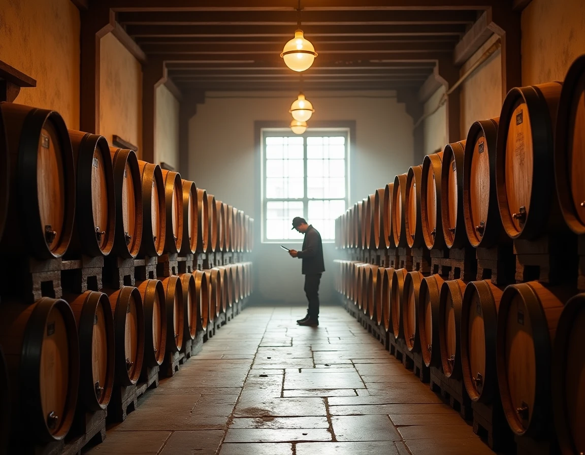 Interior of a small Japanese craft distillery warehouse, rows of small bourbon and sherry casks stacked on wooden racks,