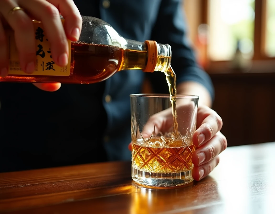 Close-up action shot of whisky being poured from a Japanese whisky bottle into a crystal Glencairn glass, held by a man'