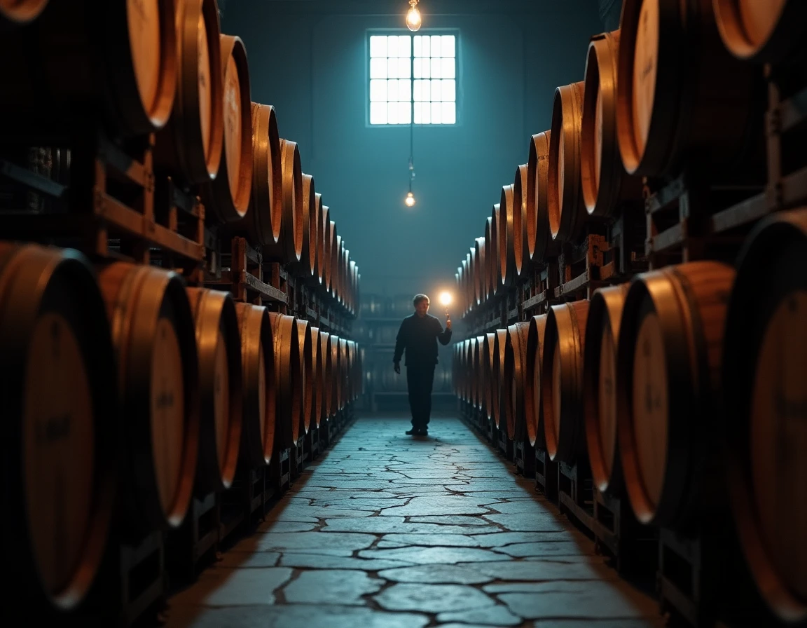Wide interior shot of a small Japanese whisky distillery warehouse, rows of aging casks on wooden racks disappearing int
