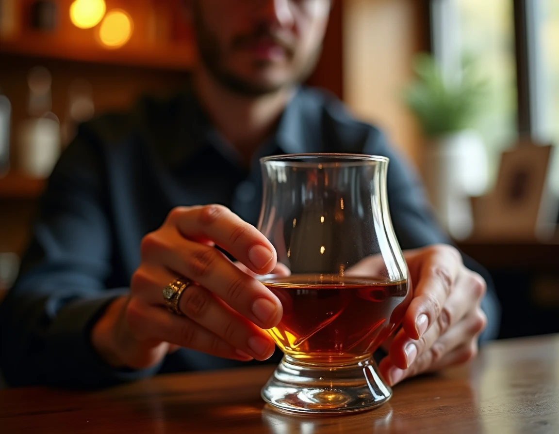 Close-up action shot of a whisky professional gently nosing a Glencairn glass filled with deep amber Japanese whisky, bo