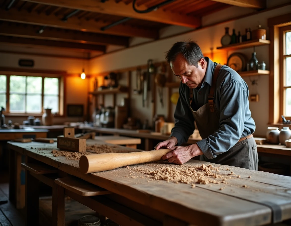 Contextual wide shot of a Japanese cooperage workshop, a craftsman's hands working with Mizunara oak staves on a worn wo