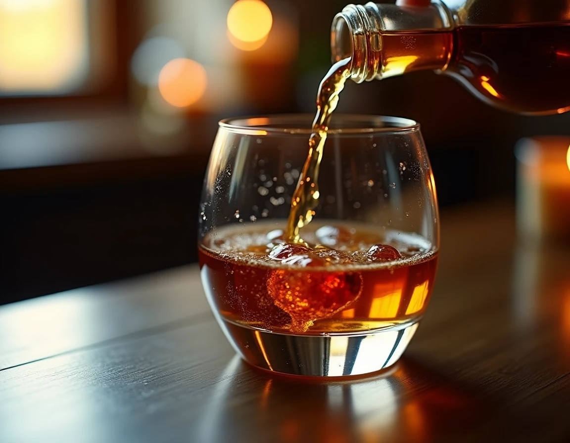 Close-up action shot of Japanese whisky being poured from a Nikka From the Barrel bottle into a Glencairn glass, liquid 
