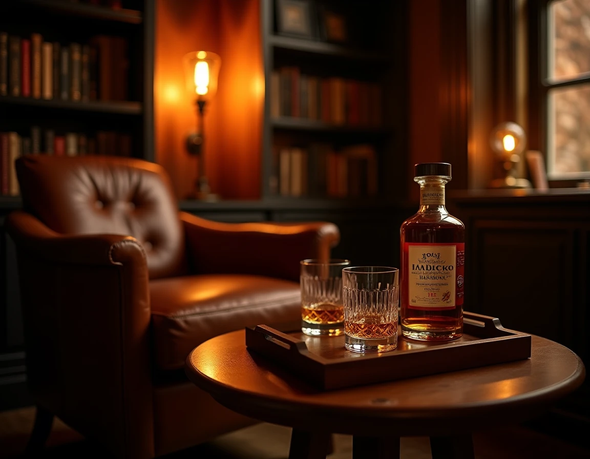 Wide atmospheric interior of a dimly lit private whisky study or home bar, a leather armchair beside a low wooden table,
