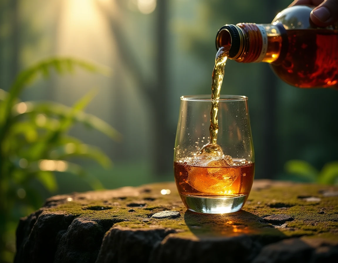 Close-up action shot of pale golden Hakushu single malt being poured into a Glencairn glass on a dark moss-covered stone