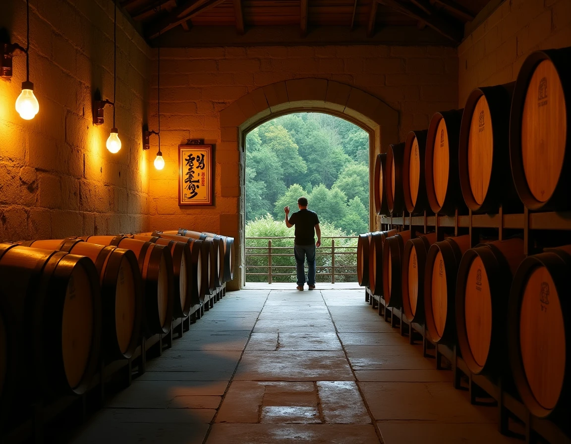 Environmental wide shot of the Hakushu Nature Reserve surrounding the distillery, rows of oak casks visible through an o