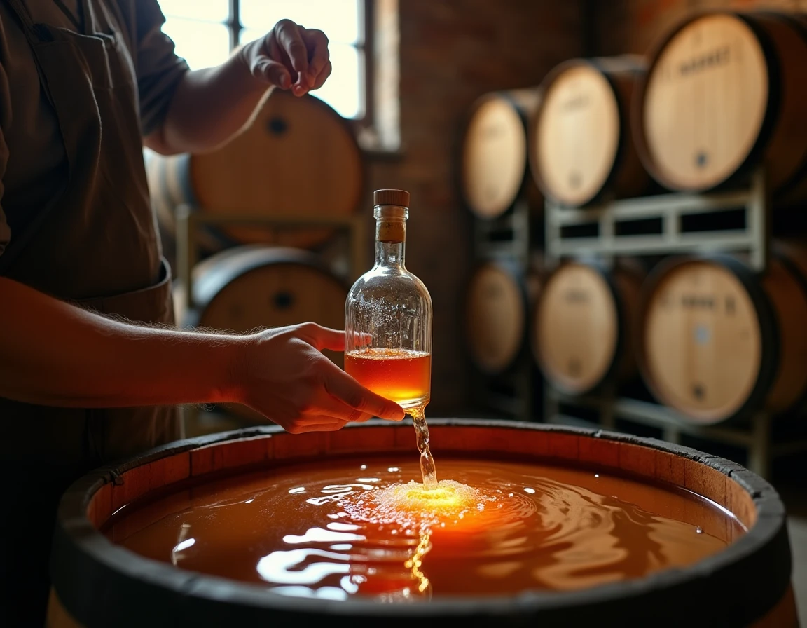 Action shot of a Japanese distillery worker carefully filling a small oak cask from a copper spirit safe, hands and apro