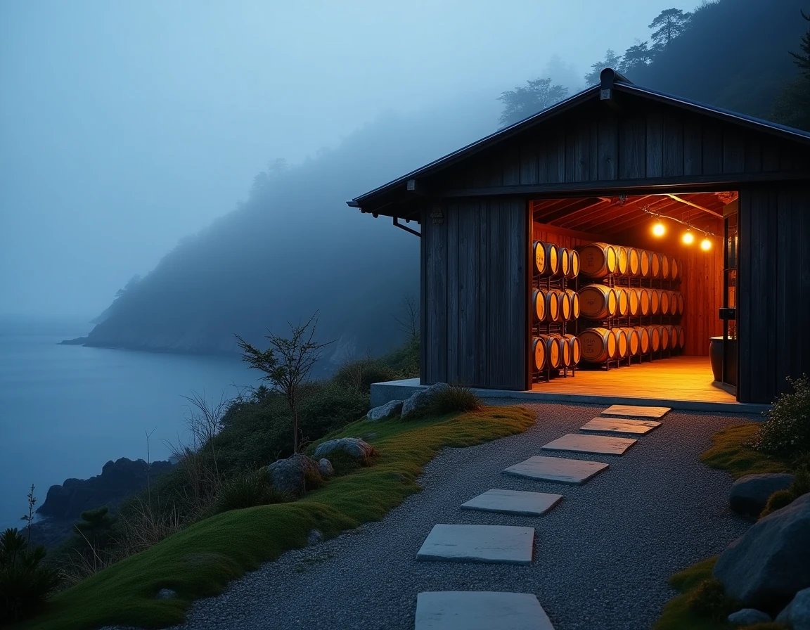 Wide contextual shot of a small Japanese coastal distillery building exterior at dusk, mist rolling in from the sea behi