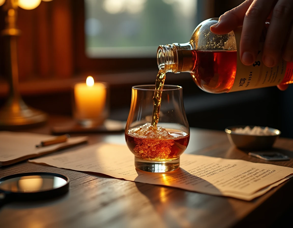 Close-up action shot of a hand pouring Japanese whisky from a bottle into a Glencairn glass on a worn wooden desk scatte