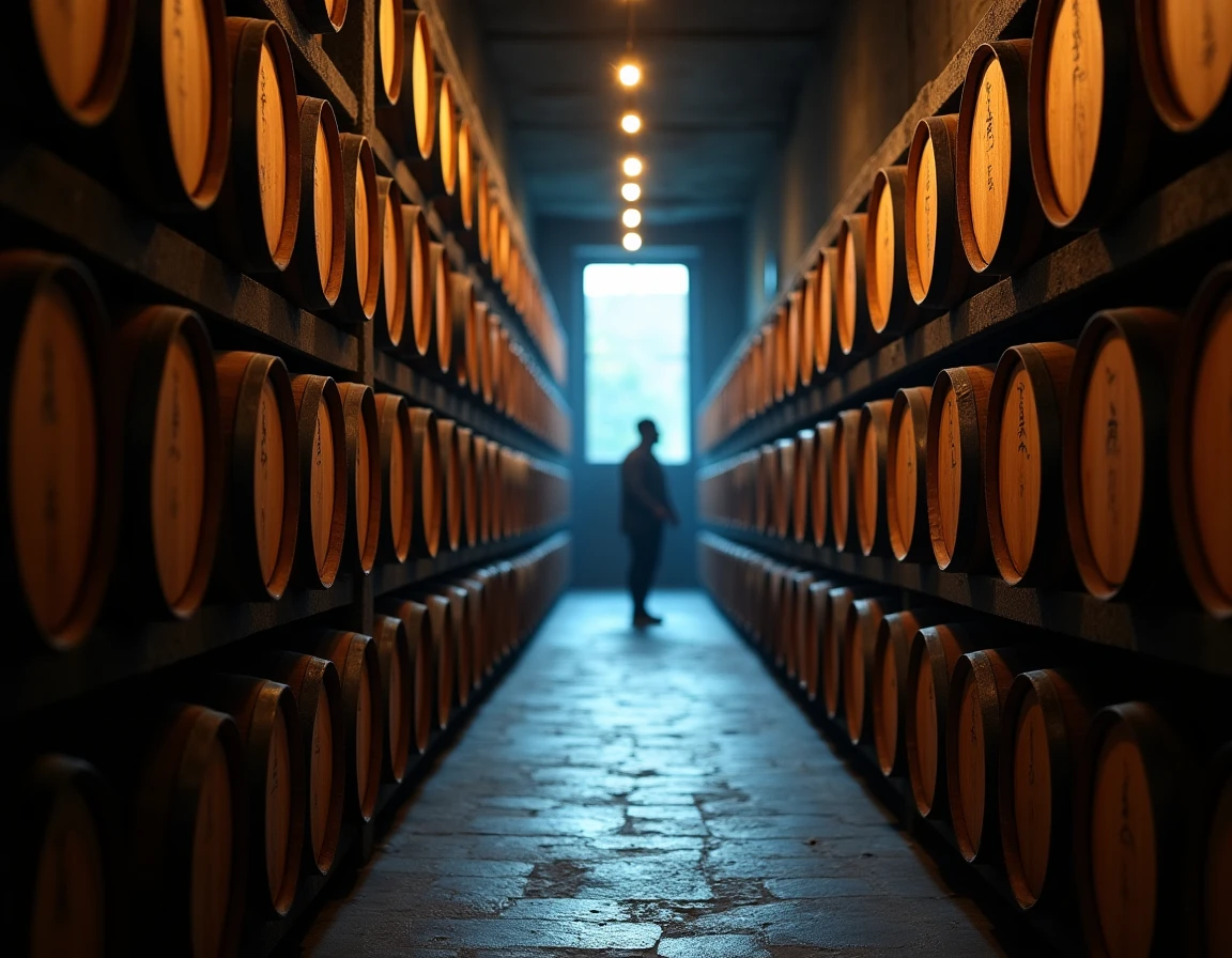 Wide atmospheric interior of a Japanese whisky warehouse or bonded cellar, rows of small Japanese mizunara oak casks sta