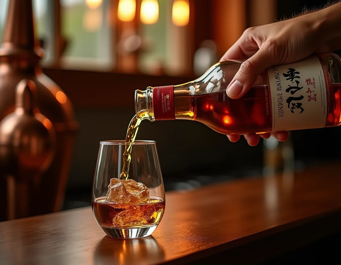 Close-up action shot of a hand carefully pouring Nikka single malt whisky from a bottle into a Glencairn glass, liquid m