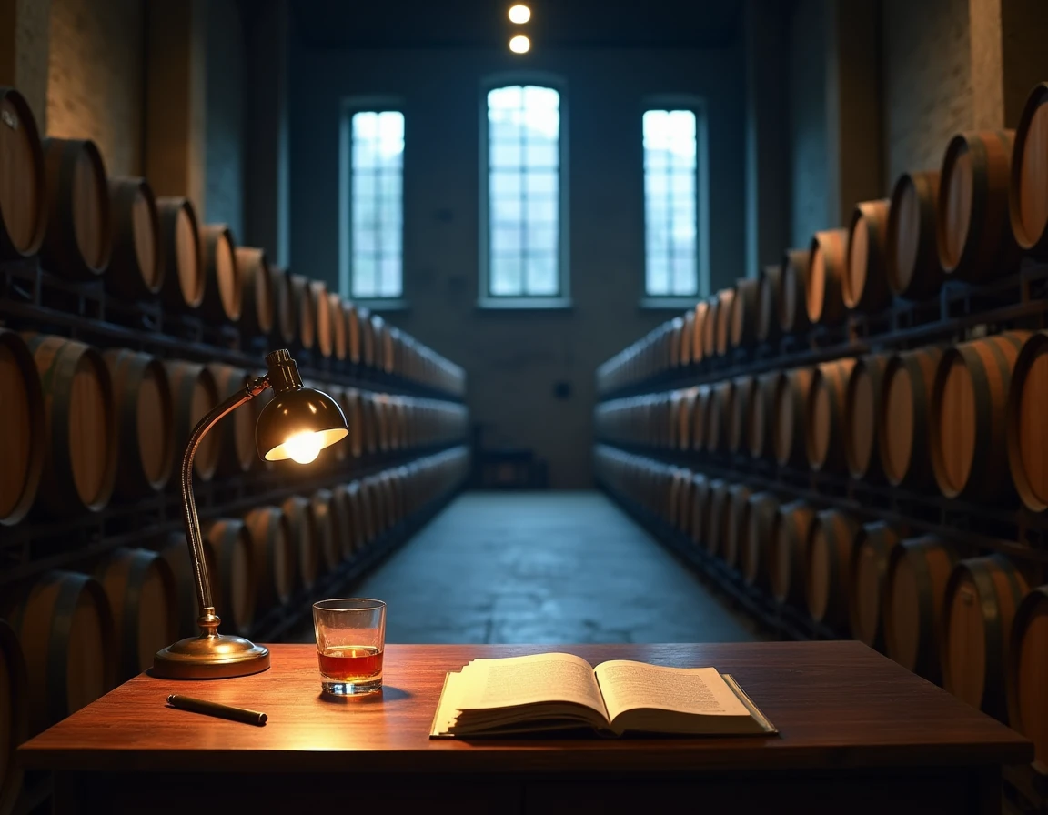 Wide interior shot of the historic Yoichi distillery in Hokkaido — rows of dark oak casks in a stone-walled warehouse, a