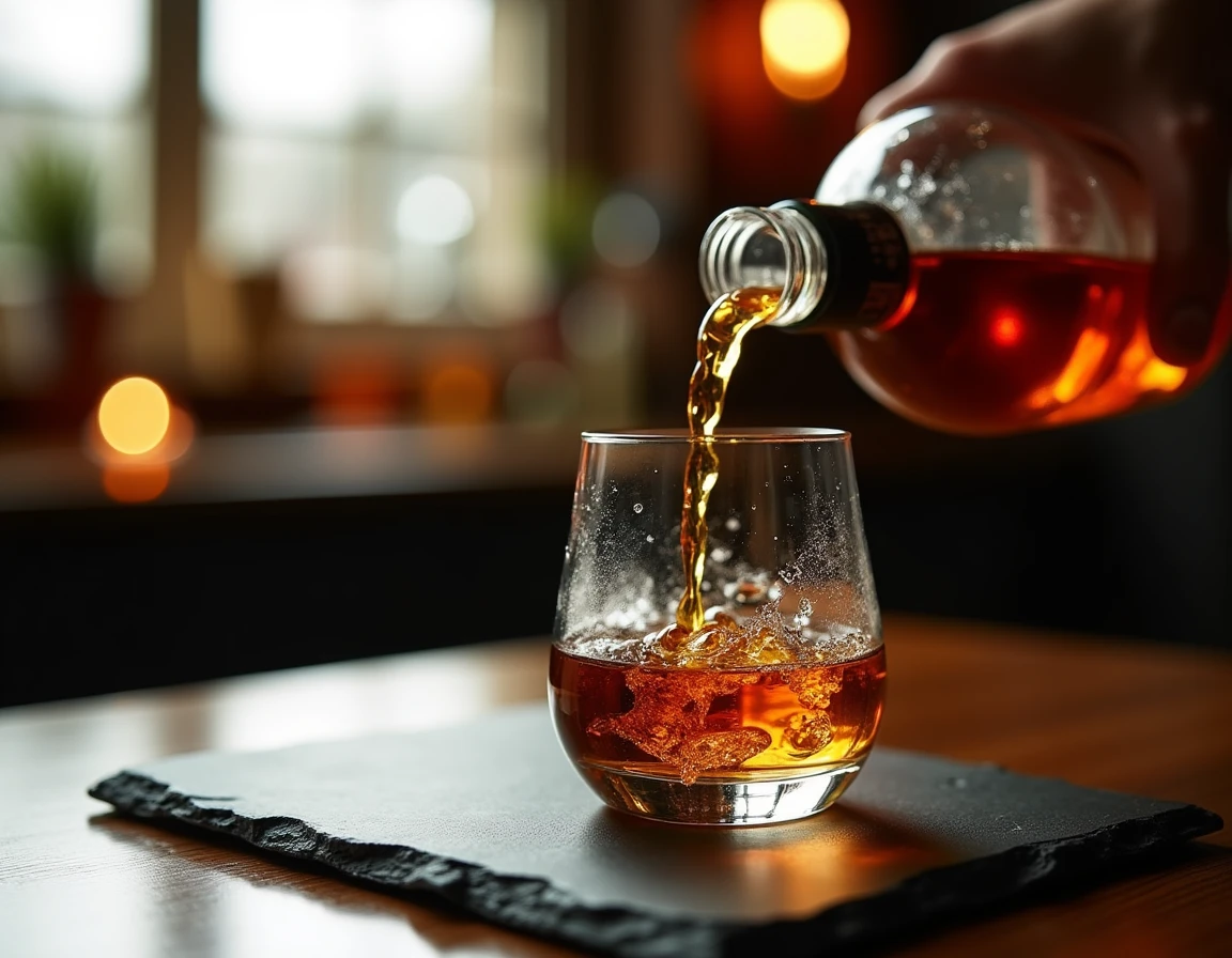 Close-up action shot of a Nikka From the Barrel bottle being poured into a Glencairn glass, whisky flowing in amber stre