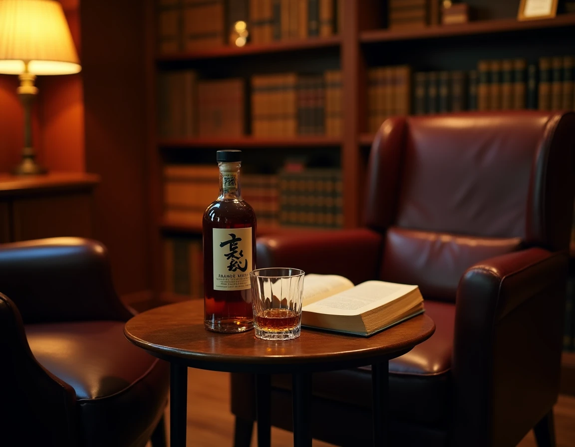 Wide environmental shot of a leather armchair and small side table in a dimly lit private library setting, a Kaiyo Japan