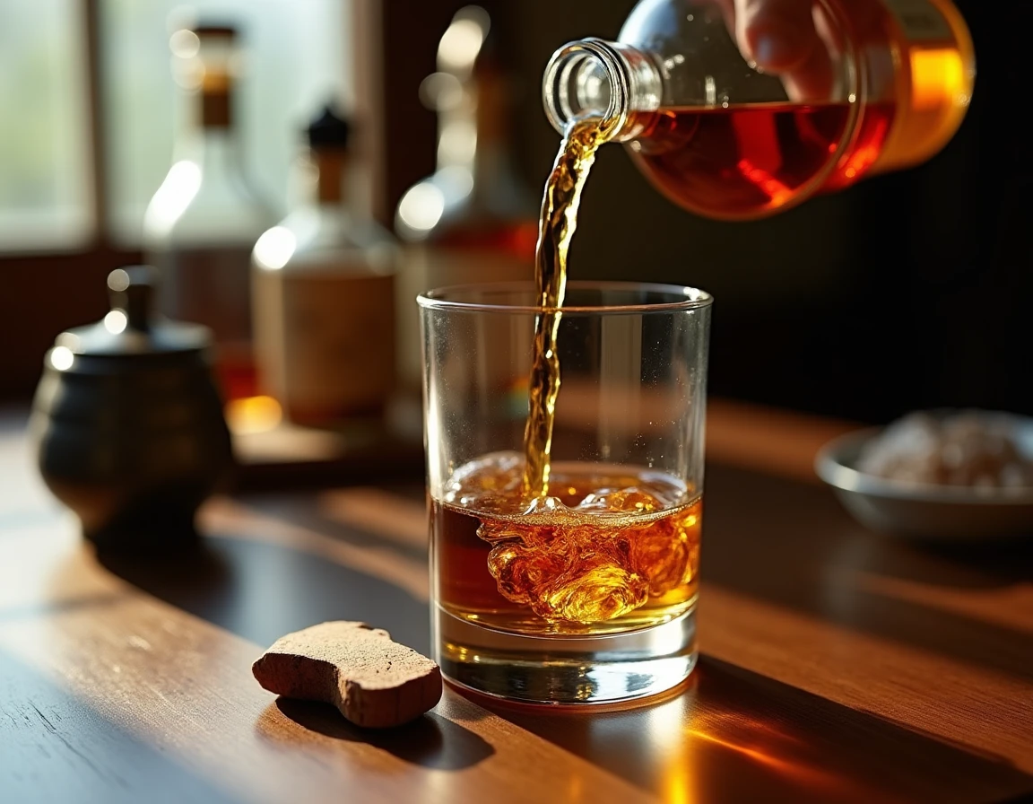 Close-up action shot of whisky being poured from a bottle into a wide Glencairn glass on a dark walnut surface, the liqu