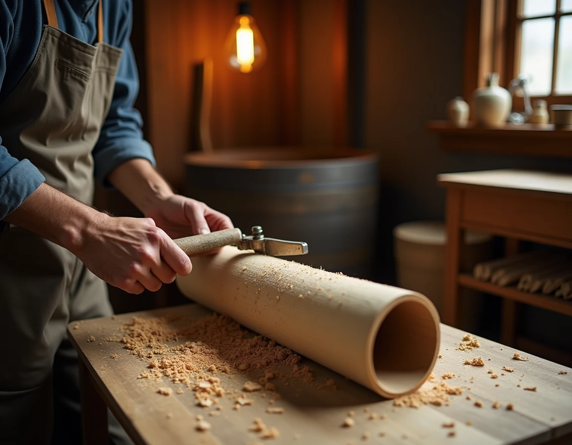 Environmental context shot inside a traditional Japanese cooperage workshop, a craftsman's hands (no face) smoothing the