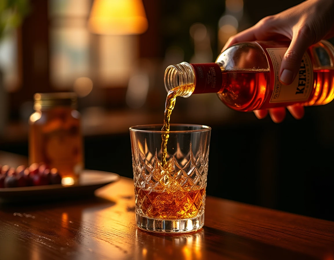 Close-up action shot of hands pouring Kavalan single malt whisky from bottle into a crystal Glencairn glass, amber liqui