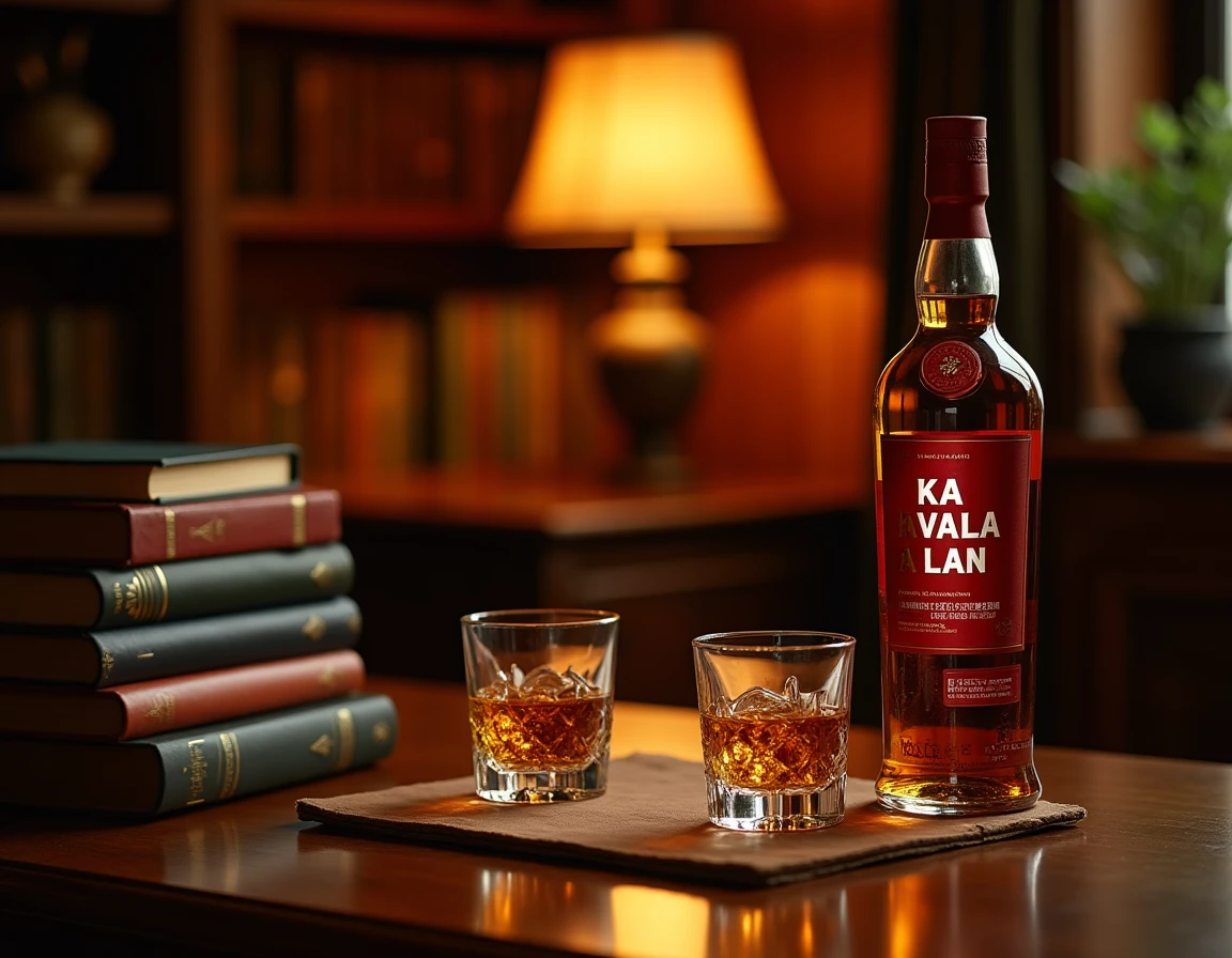 Wide atmospheric shot inside a traditional whisky tasting room or private library, Kavalan bottle and two filled glasses