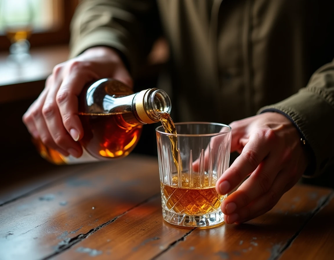 Medium close-up of weathered hands carefully pouring Crown Royal whisky from the bottle into a crystal Glencairn glass,