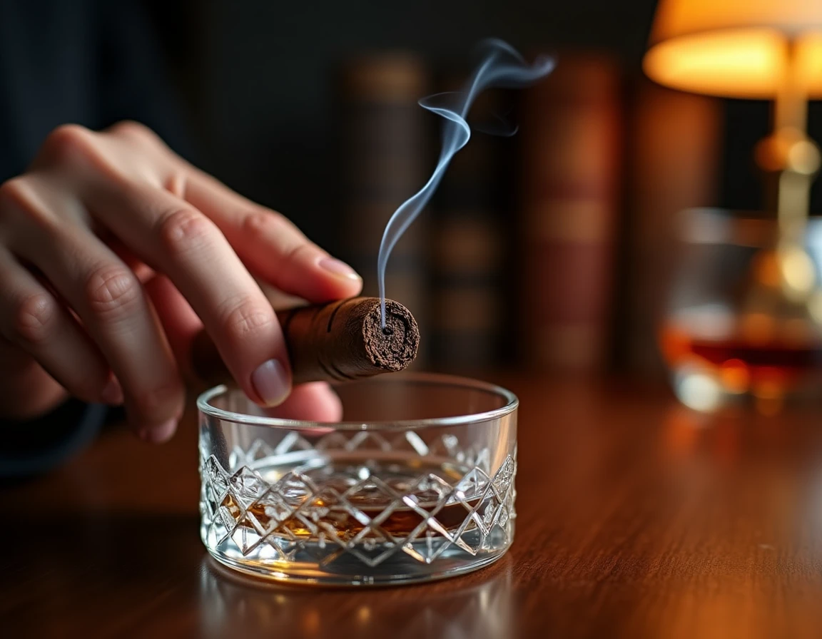 Close-up lifestyle photograph of a hand with trimmed nails holding a lit Davidoff Puro Dominicano 2026 Robusto cigar ove