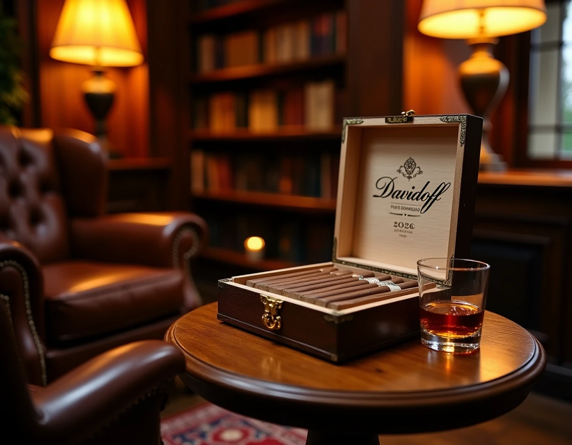 Wide interior shot of a private cigar lounge setting: a leather club chair beside a low knotted-oak side table, Davidoff