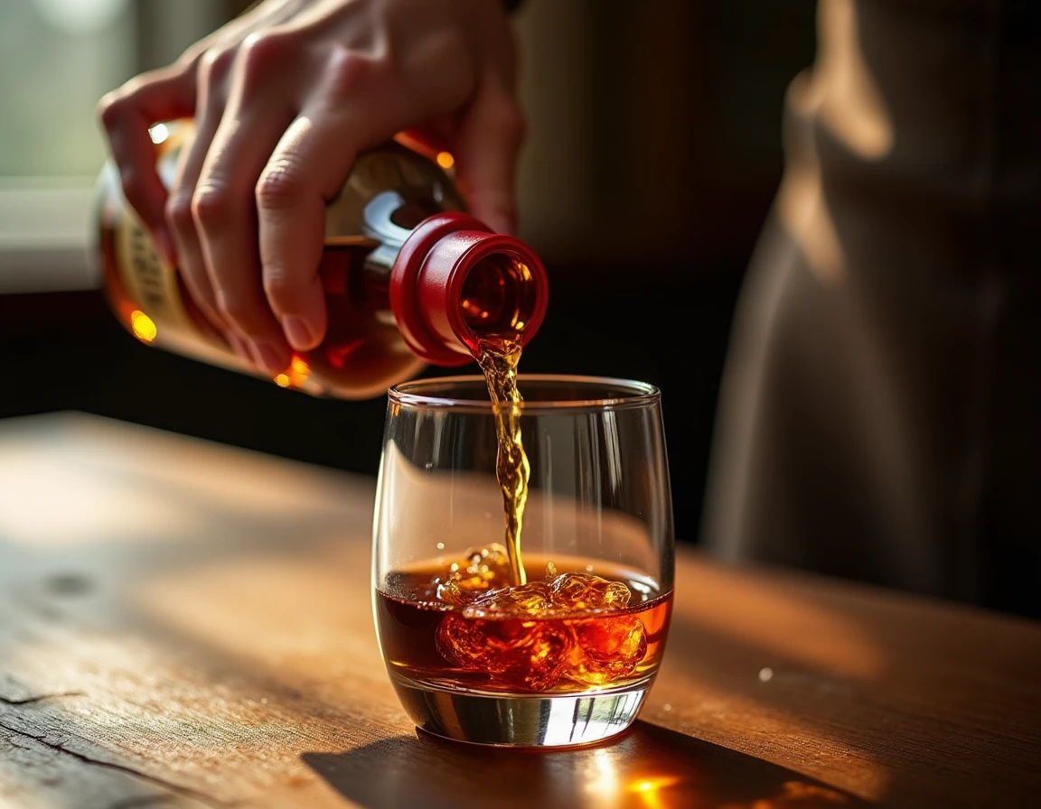 Medium close-up of a hand carefully pouring Maker's Mark bourbon from the red-wax-sealed bottle into a Glencairn glass o