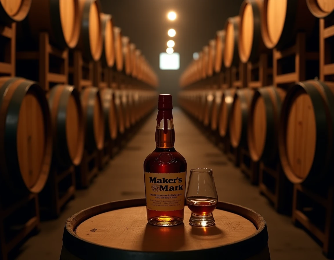 Wide atmospheric shot inside a Kentucky-style rickhouse barrel warehouse, rows of charred oak bourbon barrels stacked on