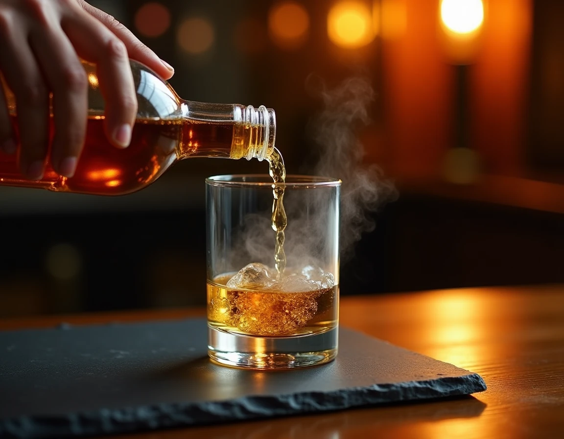 Close-up action shot of a hand slowly pouring a peated single malt Scotch from a bottle into a Glencairn glass on a roug