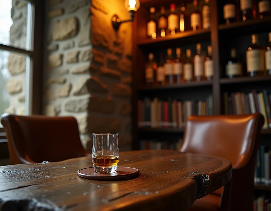 Wide atmospheric interior of a traditional Scottish whisky bar corner — low bookshelves with bottles and tasting notes p