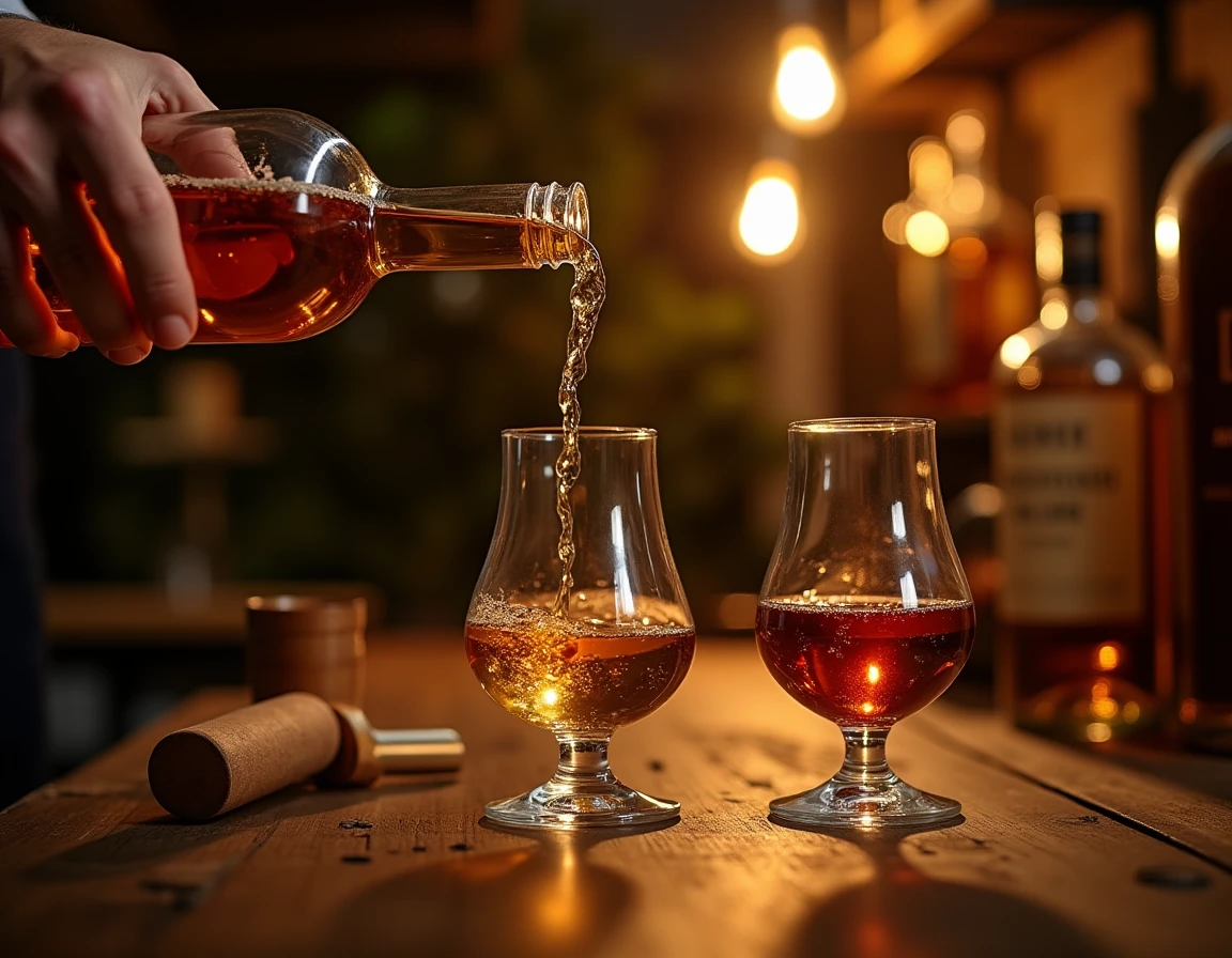 Close-up action shot of a whisky being poured from a finishing cask bung into a sample glass, liquid in motion catching 