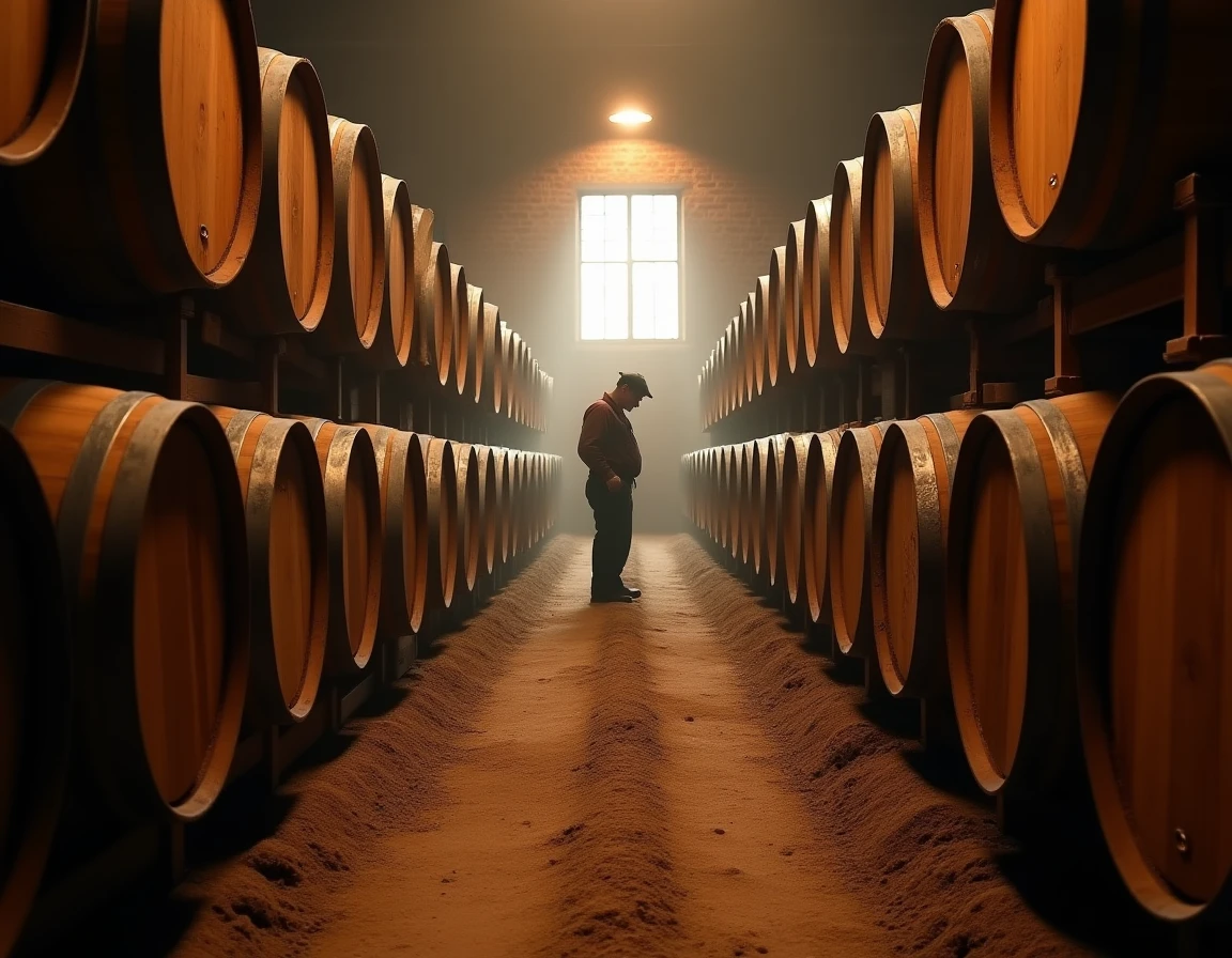 Wide atmospheric shot inside a Scottish dunnage warehouse, dozens of barrels of varying sizes lined in rows on earthen f