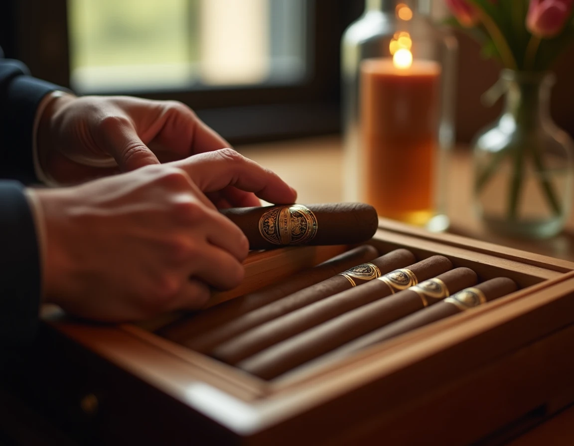 Close-up lifestyle photograph of a man's hands carefully placing a thick Robusto cigar into a Spanish cedar-lined humido