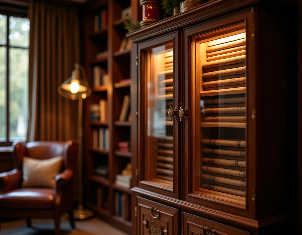 Wide ambient interior shot of a study corner featuring a large cabinet-style humidor with glass door panels, rows of cig