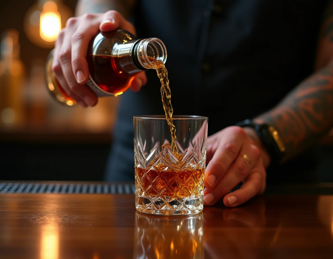Close-up action shot of a careful whisky pour from a Nikka Coffey Grain bottle into a crystal Glencairn glass on a dark 