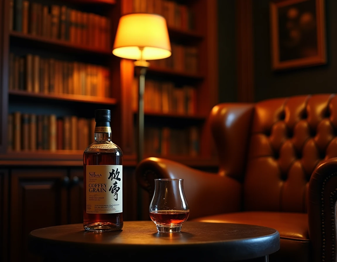 Wide atmospheric shot inside a dimly lit whisky library or private tasting room, Nikka Coffey Grain bottle and a filled 