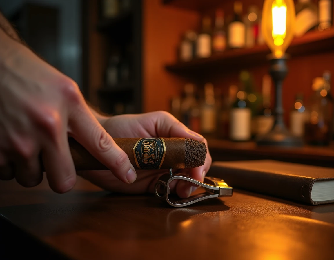 Close-up action shot of a hand gently cutting a premium Nicaraguan cigar with a guillotine cutter on a leather-topped de
