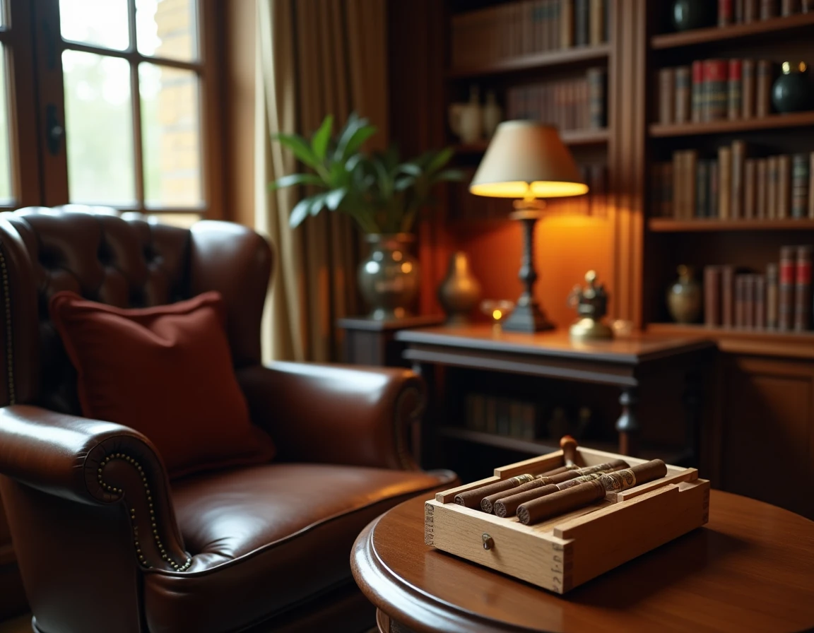 Wide atmospheric shot of a private smoking room interior with a curved leather armchair, a selection of cigars resting o