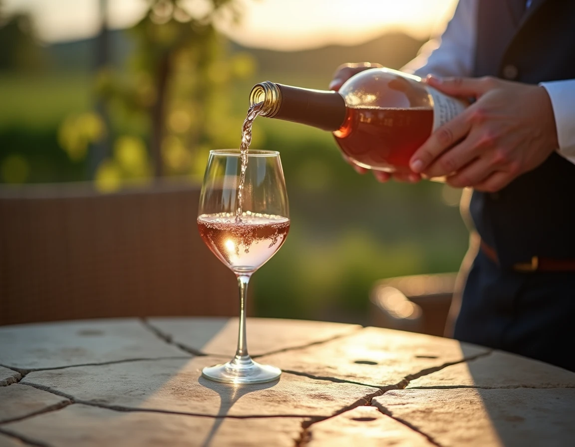 Medium close-up of a sommelier's hands gently pouring a pale pink Provence rosé into a wide-mouthed glass on an outdoor
