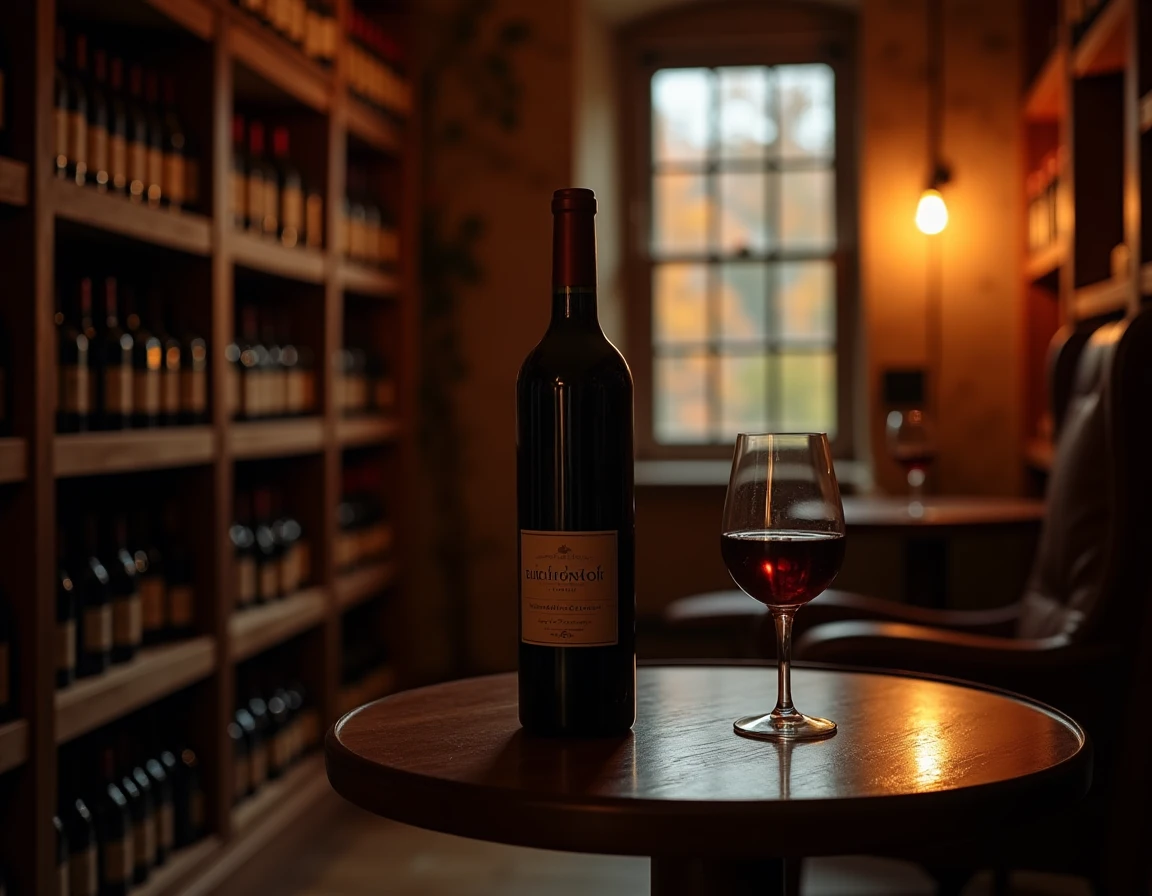 Interior scene of a dimly lit library-style wine room with wooden shelves holding dusty bottles in rows, a single open b