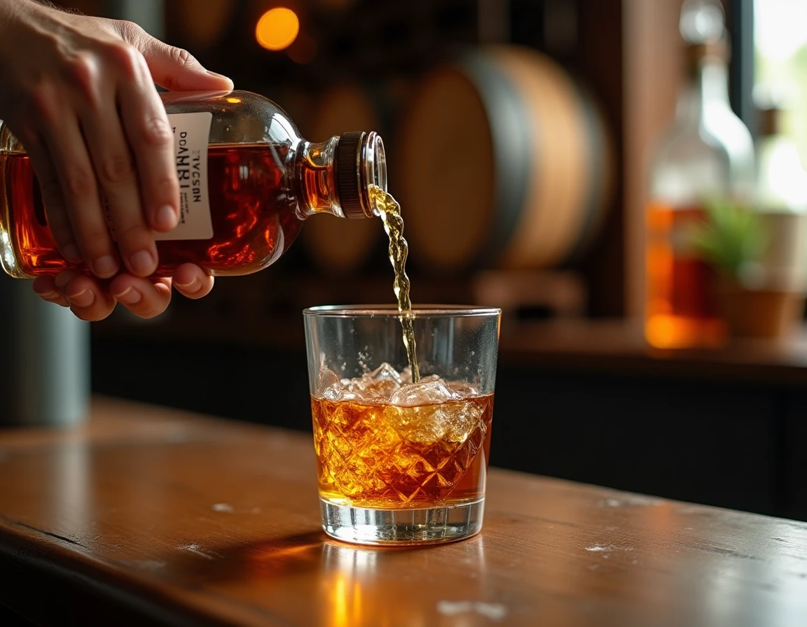 Close-up of a pair of hands carefully pouring Nikka whisky from a bottle into a Glencairn glass on a worn walnut bar sur