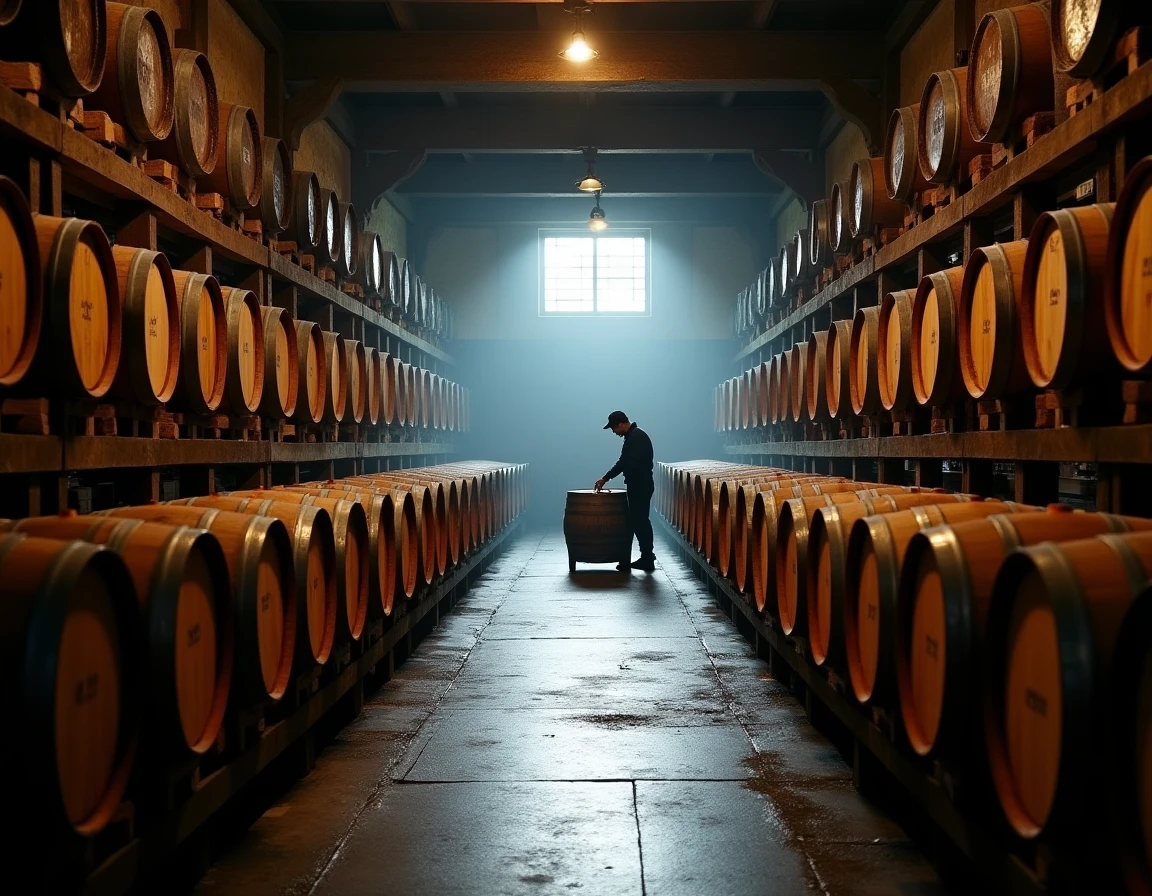 Wide interior shot of a traditional Japanese whisky distillery warehouse, rows of aging barrels stacked on wooden racks,