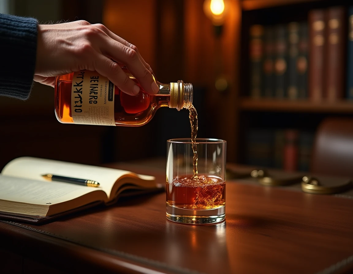 Close-up of a hand gently pouring Nikka From The Barrel whisky from its small rectangular bottle into a Glencairn glass,