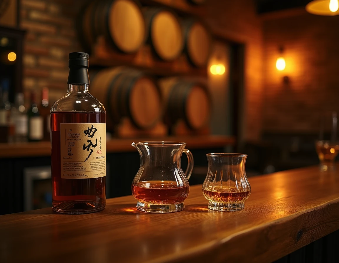 Atmospheric shot of a Japanese whisky tasting setup at a knotted oak bar counter, Nikka From The Barrel bottle placed ne