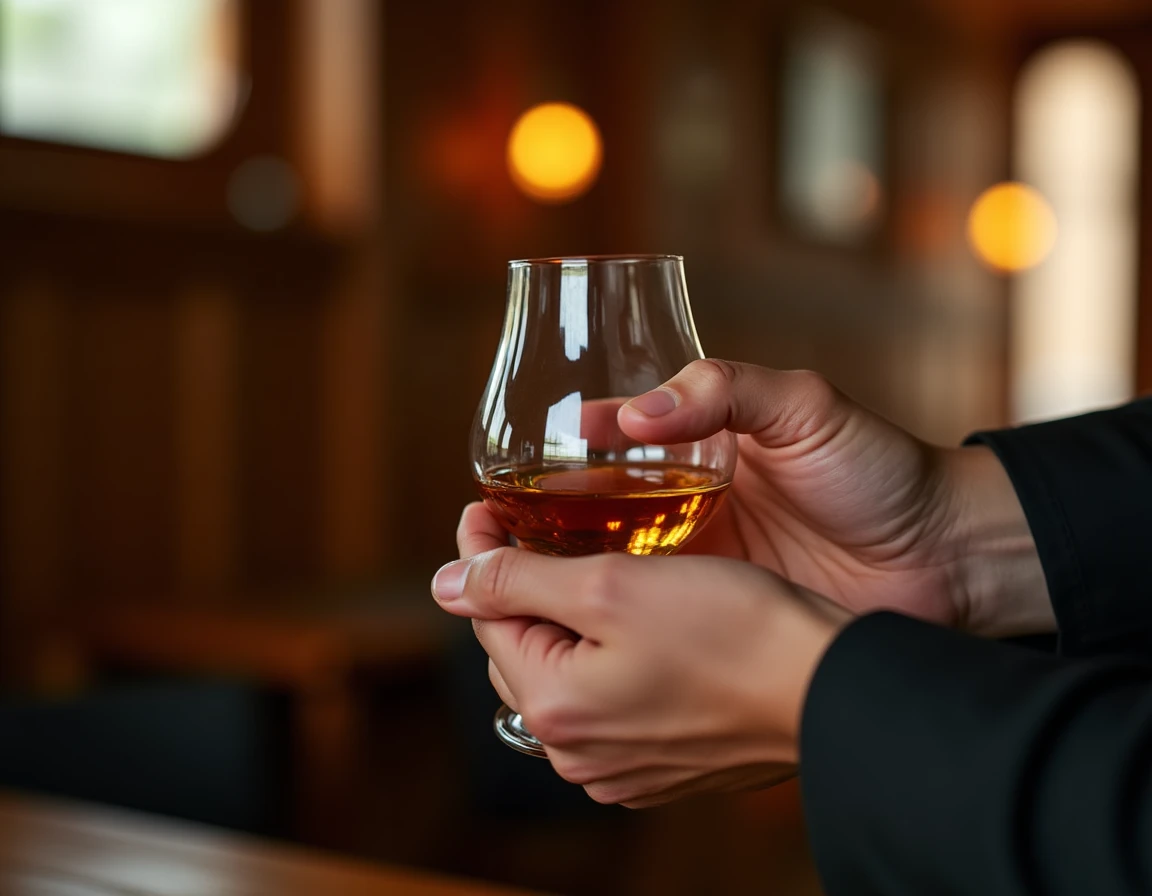 Close-up of two hands cradling a tulip nosing glass filled with deep amber single malt whisky, blurred oak paneling of a