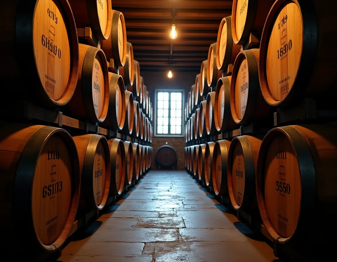 Interior of a traditional Scottish whisky warehouse, rows of dark oak sherry casks stacked three high, chalk markings an