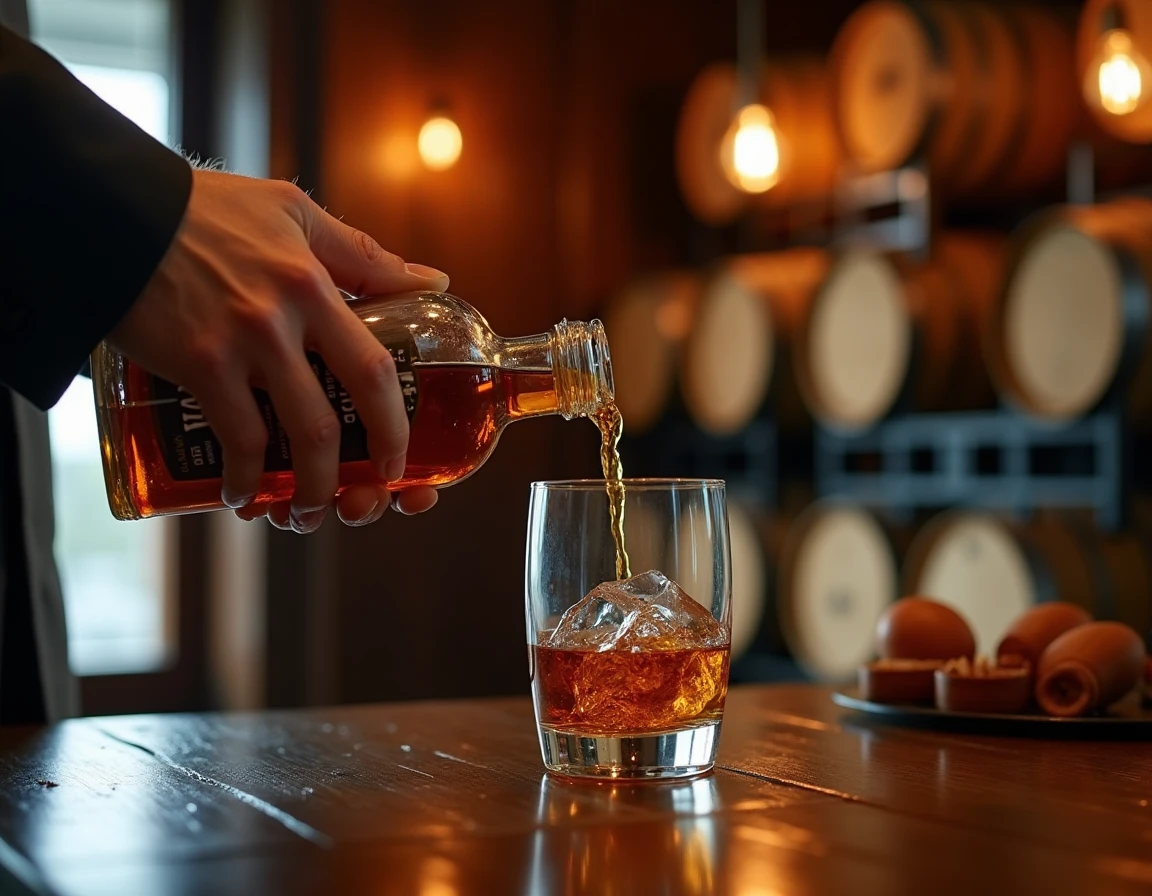 Close-up editorial shot of two hands carefully pouring Yamazaki single malt whisky from a classic Suntory bottle into a