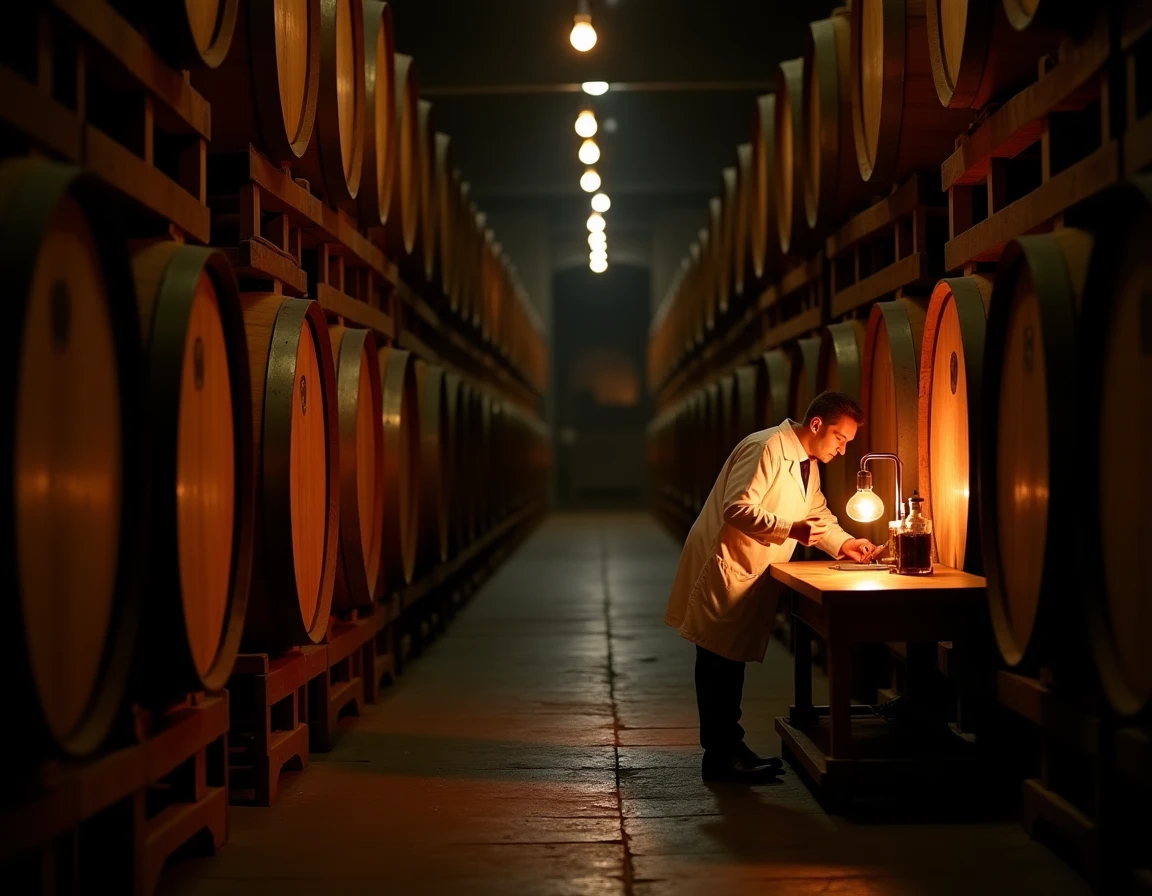 Medium-wide atmospheric shot inside a dim Yamazaki barrel warehouse, rows of American oak and sherry casks stacked on wo
