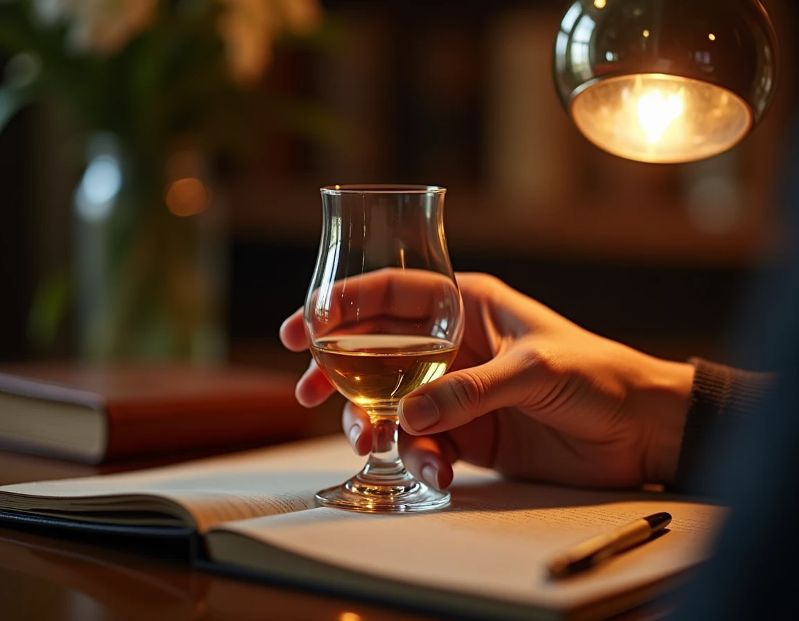 Close-up of a person's hand gently cradling a Glencairn glass at nose level, eyes slightly closed in concentration, whis