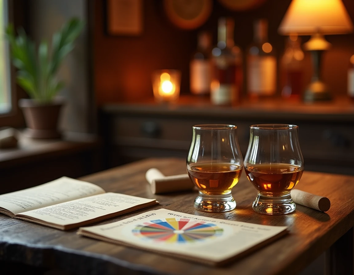 Wide angle view of a rustic tasting setup on a knotted oak table, two whisky glasses side by side with different colored